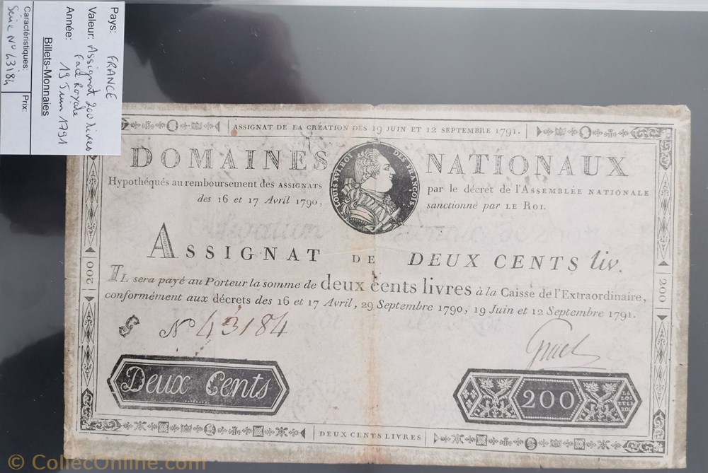 billet europe france assignat 200 livres face royale serie 4982