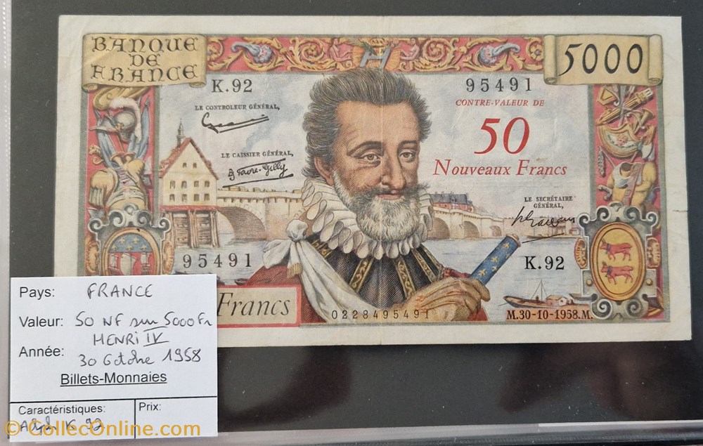 billets europe france 50 nf sur 5000 fr henri iv 30 10 1958