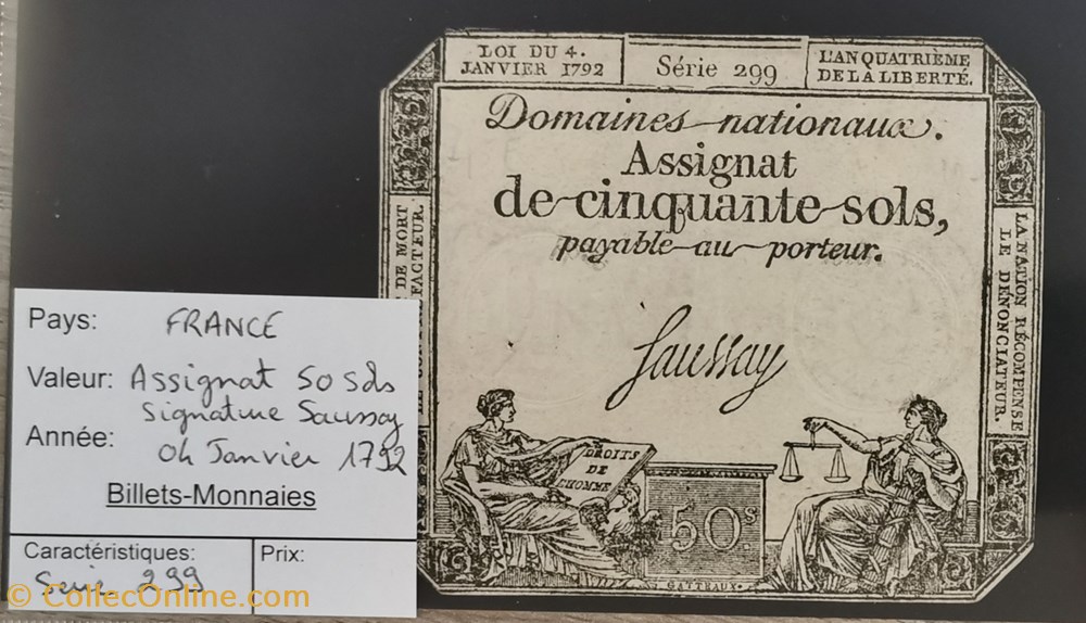 Assignat 50 sols Série 299 billets europe france assignat 50 sols serie 299