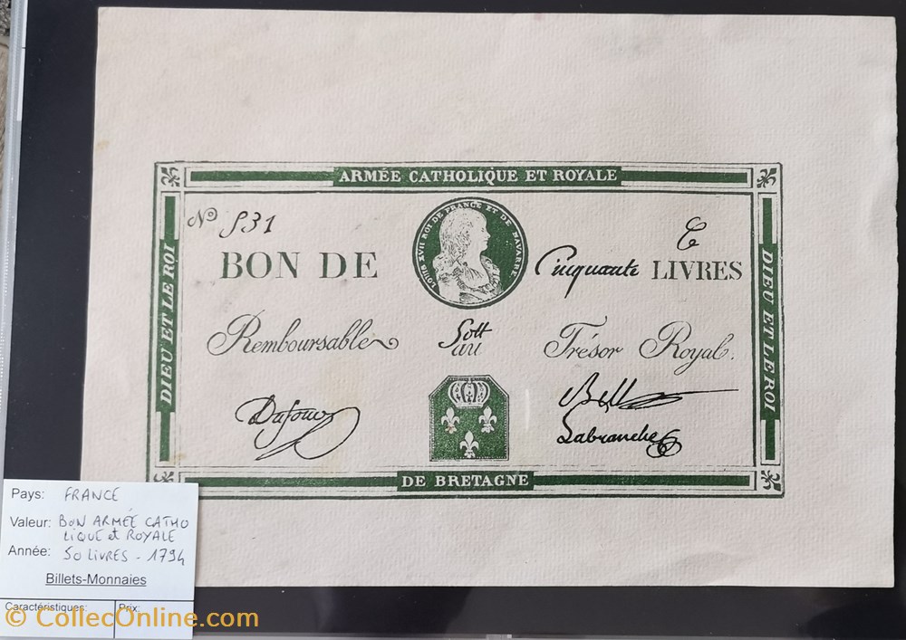 billet europe france bon 50 livres armee catholique et royale