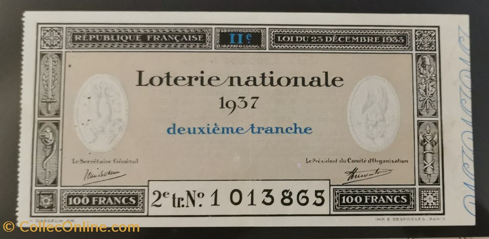 vieux papiers billets billet de loterie nationale