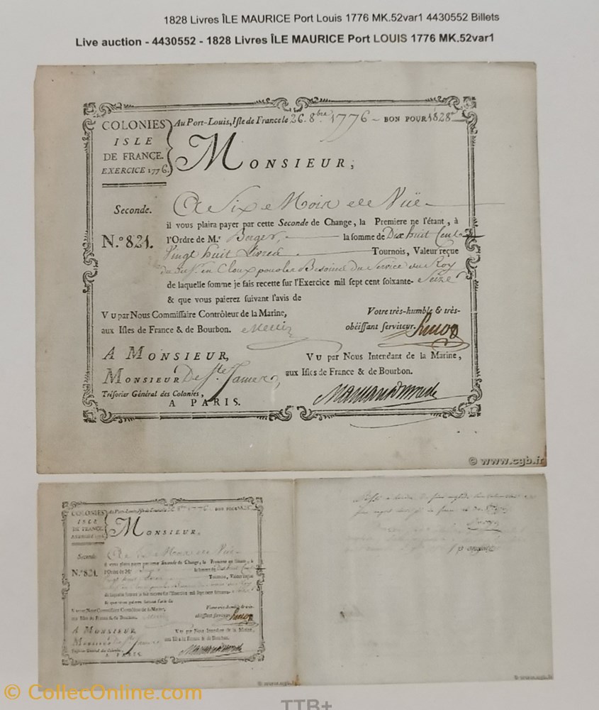 billets europe 1828 livres traite colonies isle de france 26 10 1796