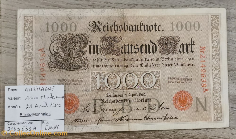 ALLEMAGNE - 1000 Mark Rouge billets europe allemagne 1000 mark rouge