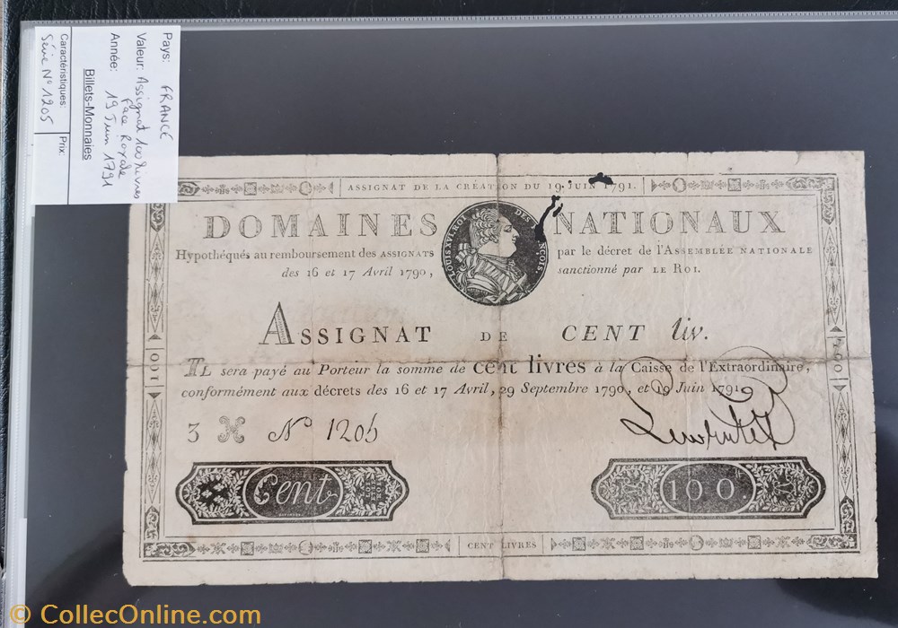 billet europe france assignat 100 livres face royale serie 1205