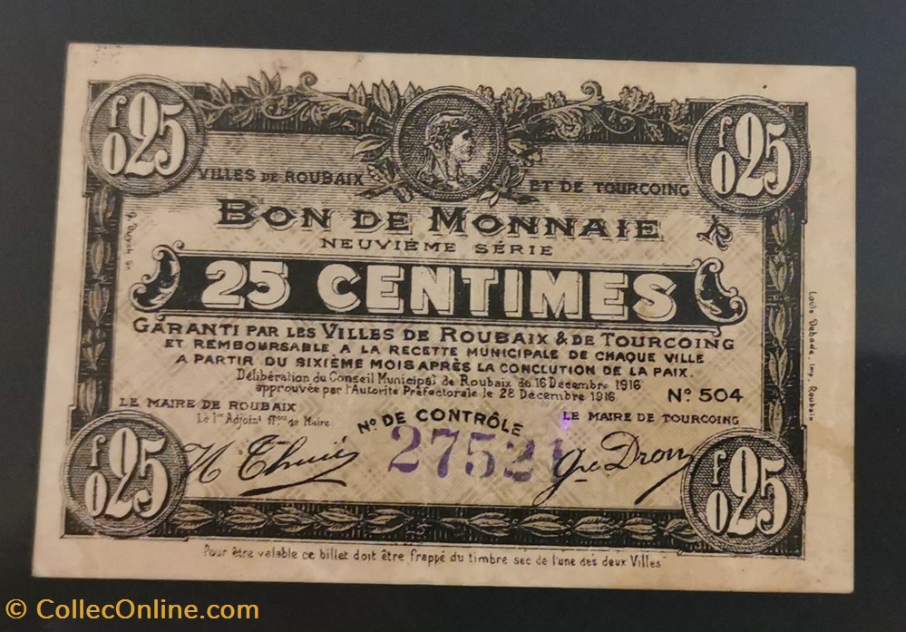 25 centimes ville de Tourcoing et Roubaix billets europe france 25 centimes ville de tourcoing et roubaix