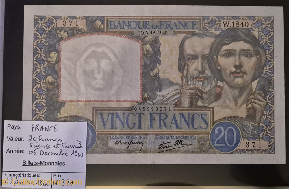 billets europe france 20 francs sciences et travail 05 12 1940