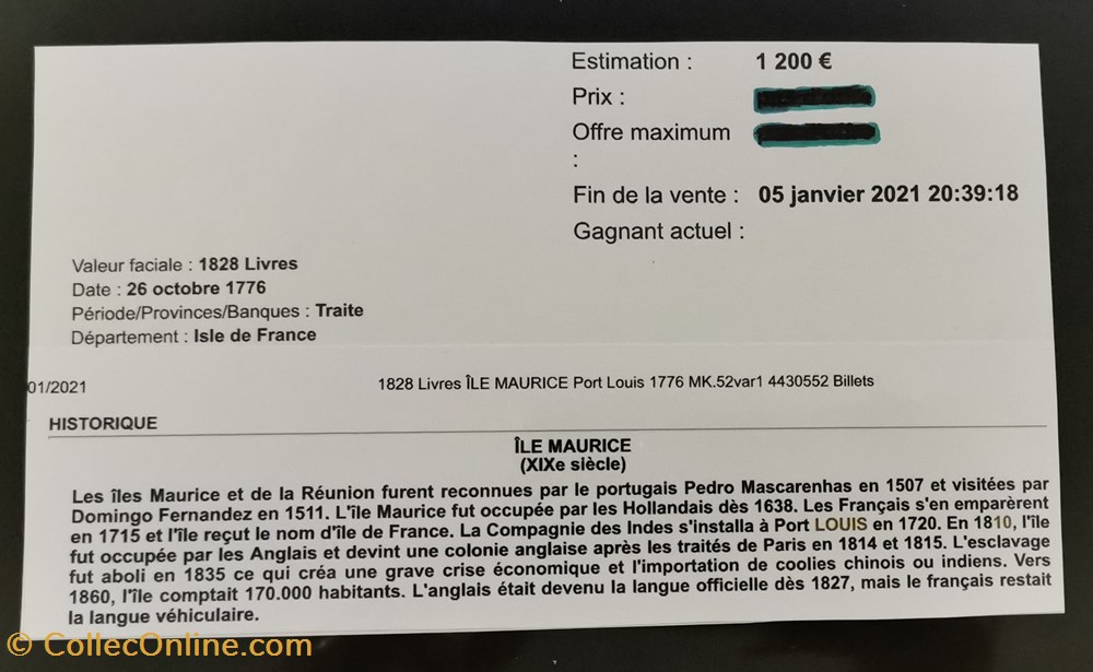 billets europe 1828 livres traite colonies isle de france 26 10 1796