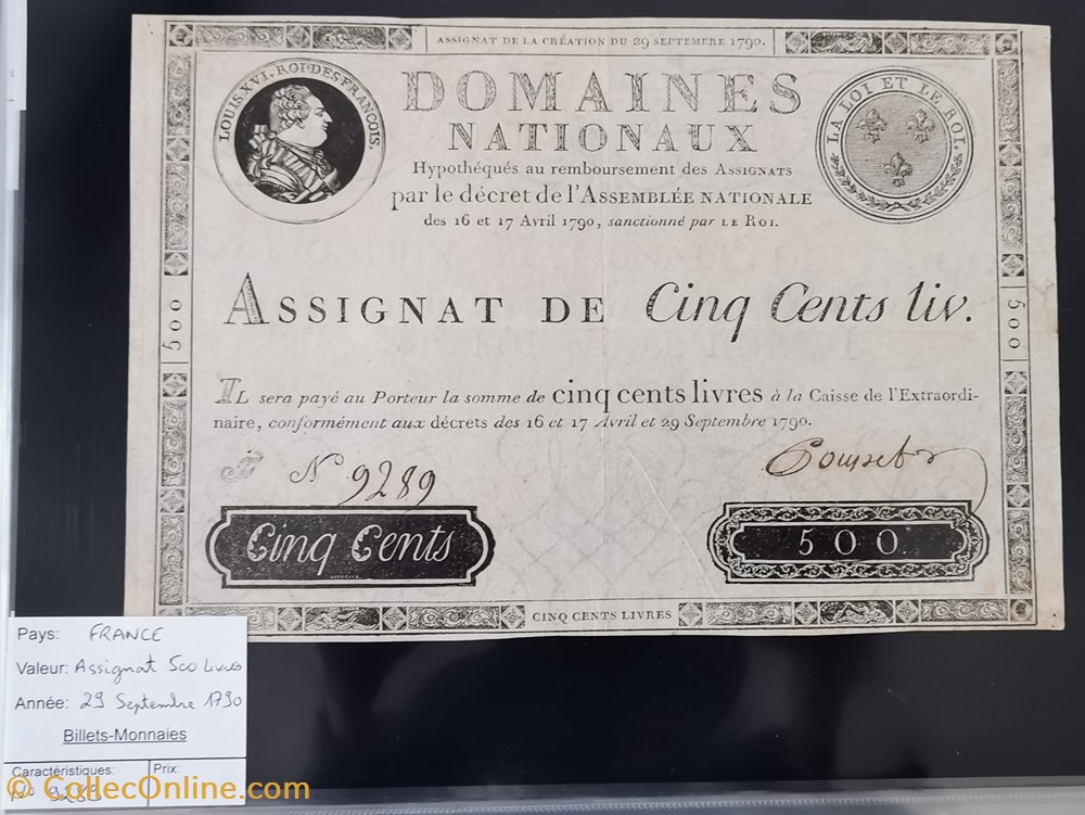 billets europe france assignat 500 livres serie 9289 face royale