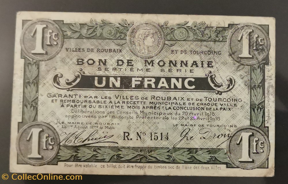 billets europe france 1 franc ville de tourcoing et roubaix