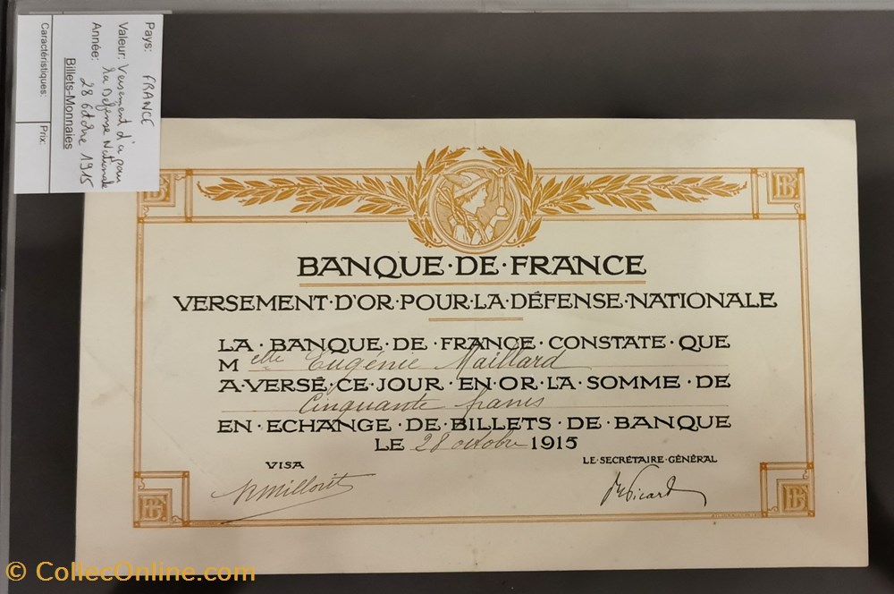 Versement d'or pour la Défense Nationale 50 francs 28-10-1915 billets europe france versement or pour la defense nationale 50 francs 28 10 1915