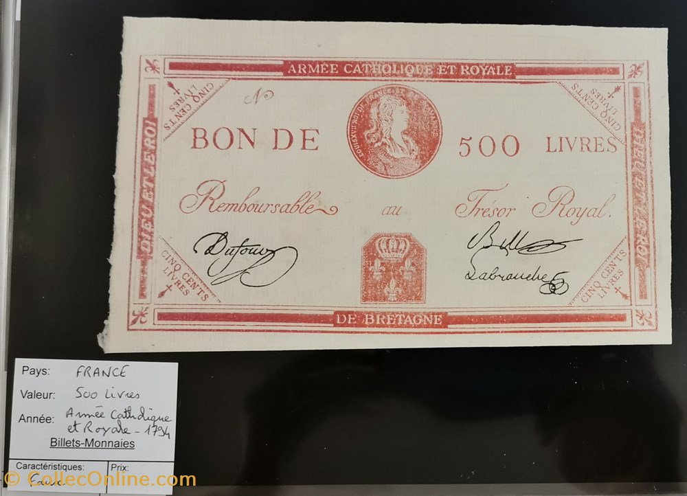 billets europe france bon de 500 livres armee catholique et royale faux