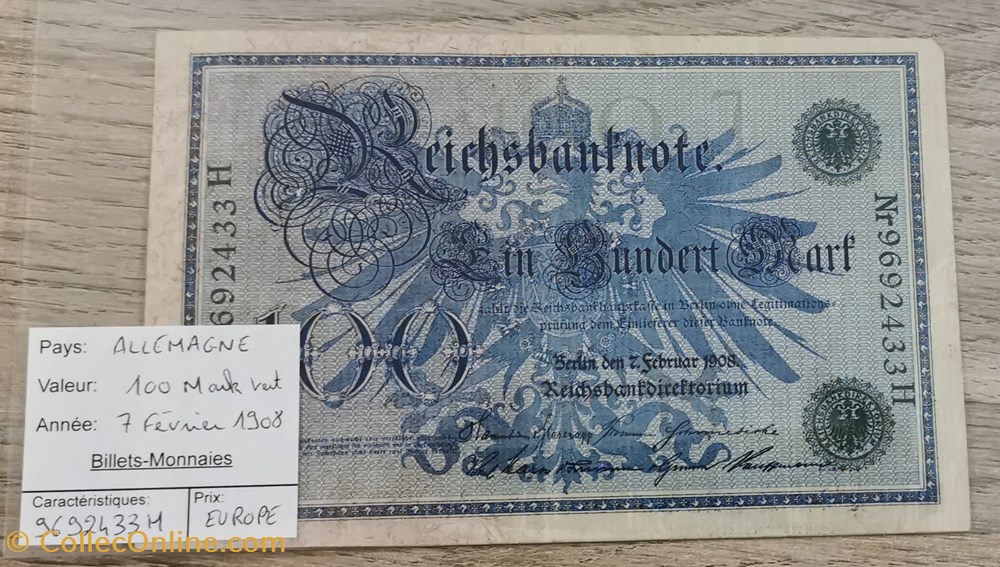 ALLEMAGNE - 100 Mark Vert billets europe allemagne 100 mark vert