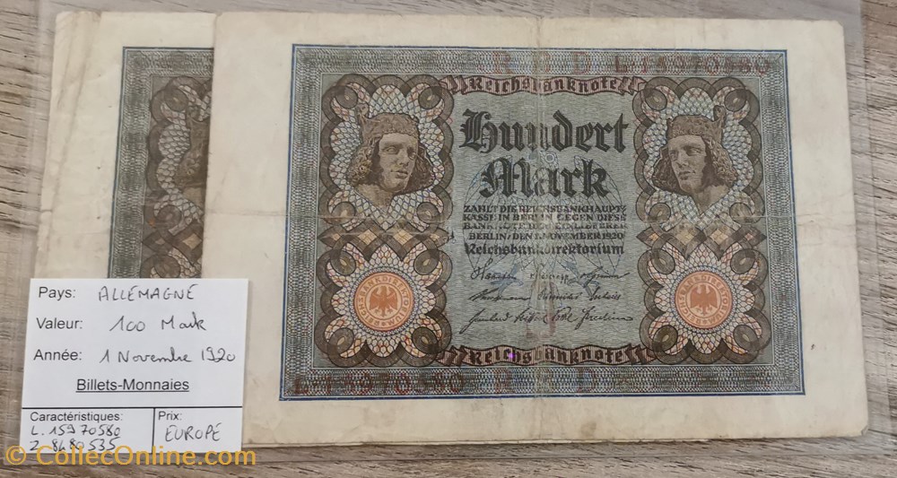 ALLEMAGNE - 100 Mark Vert billets europe allemagne 100 mark vert