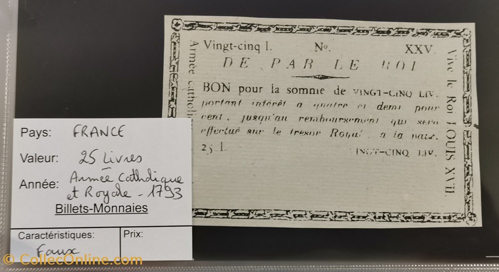 billets europe france bon de 25 livres armee catholique et royale faux