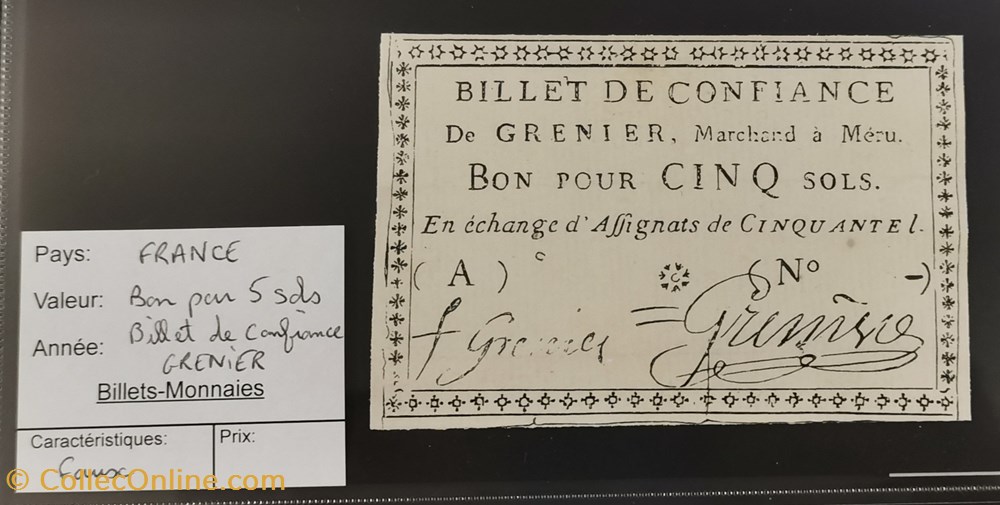 Bon pour 5 sols - Billet de confiance GRENIER - Faux billets europe france bon pour 5 sols billet de confiance grenier faux