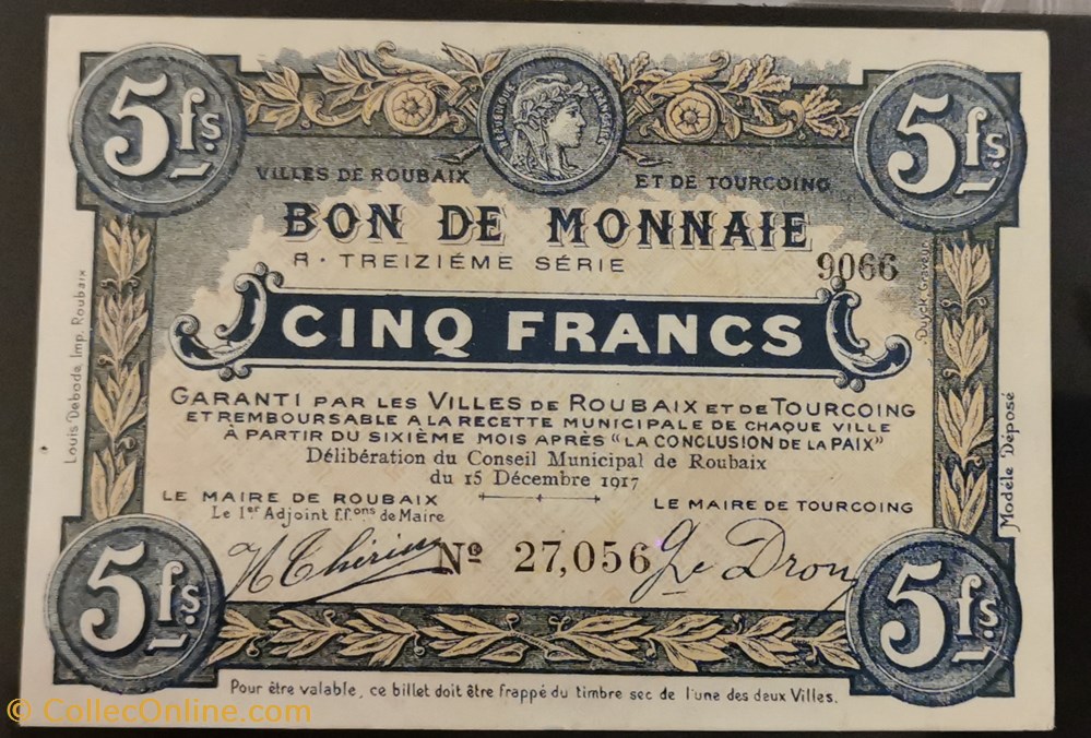 billets europe france 5 francs ville de tourcoing et roubaix