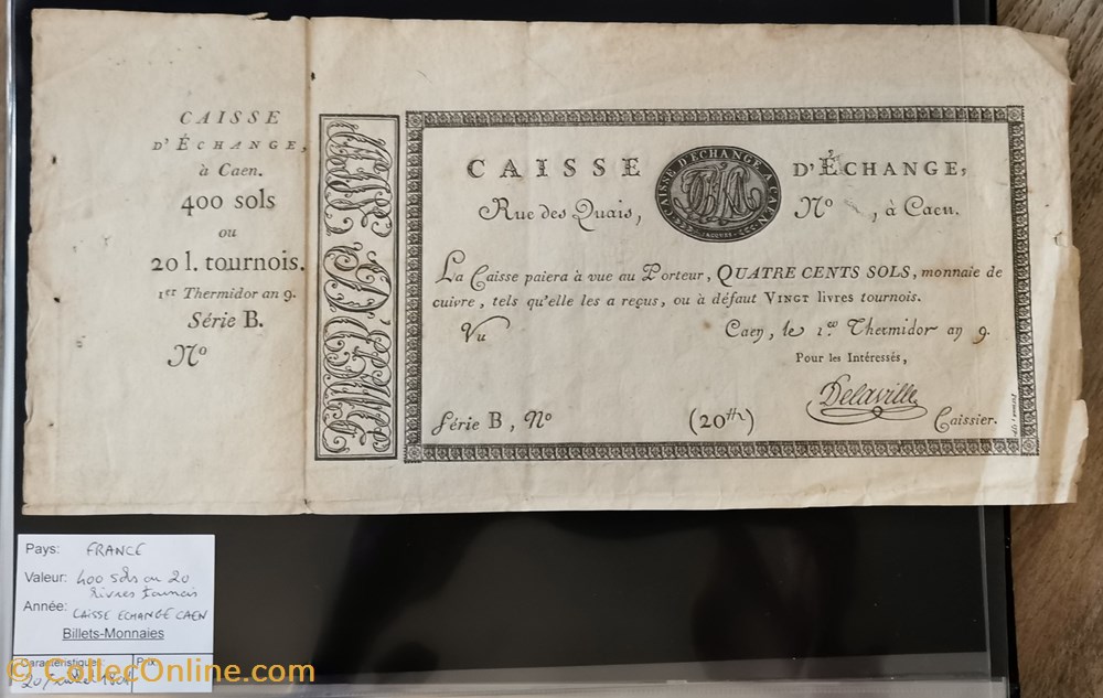 400 sols - Caisse d'échange Caen 27-07-1801 billets europe france 400 sols caisse echange caen 27 07 1801