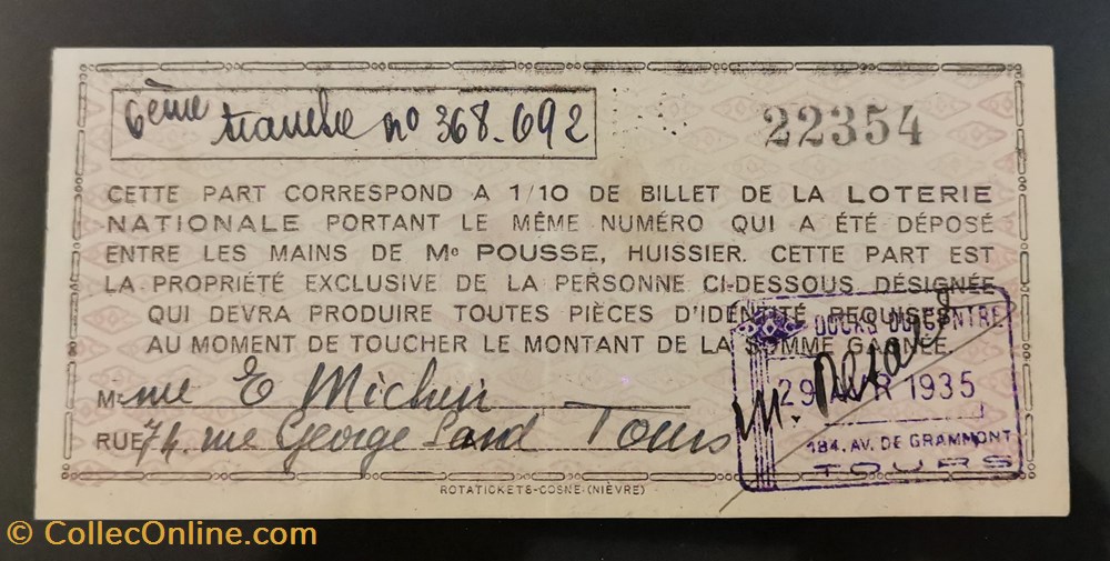 vieux papiers billets billet de loterie nationale