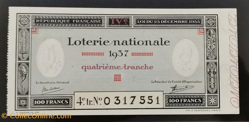 vieux papiers billets billet de loterie nationale