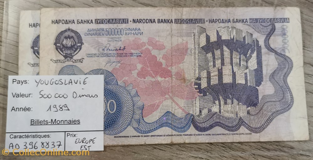 billets europe yougoslavie 500000 dinars