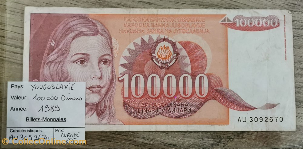 billets europe yougoslavie 100000 dinars