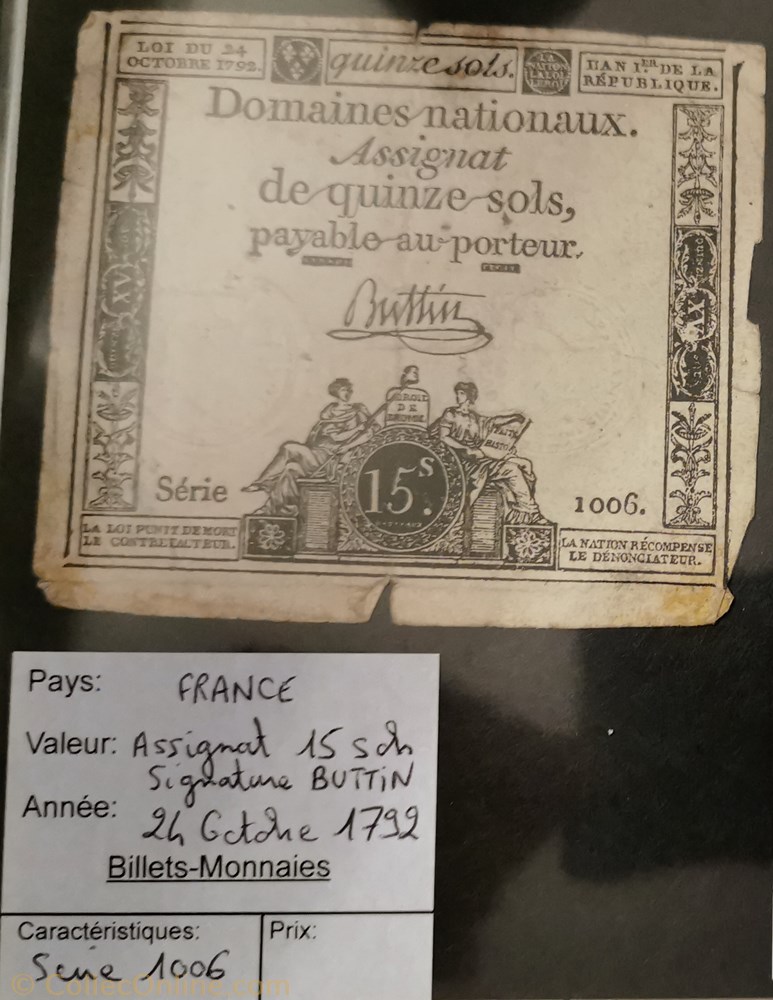 billet europe france assignat 15 sols serie 1006