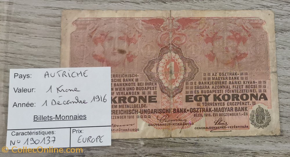 AUTRICHE - 1 Krone billets europe autriche 1 krone