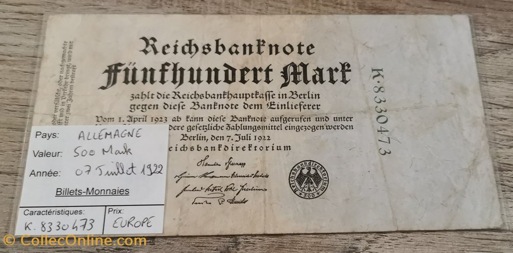 ALLEMAGNE - 500 Mark billets europe allemagne 500 mark