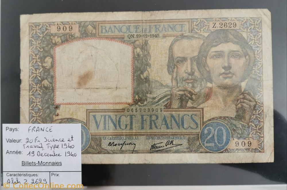 billet europe france 20 francs sciences et travail