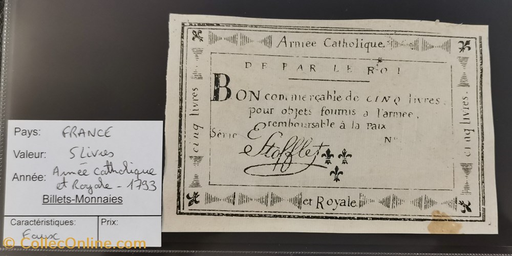 Bon de 5 livres - Armée Catholique et Royale - Faux billets europe france bon de 5 livres armee catholique et royale faux