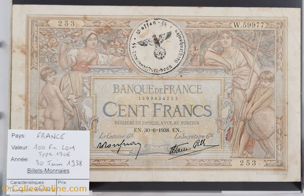 100 francs Merson avec surcharge tampon Waffen SS billets europe france 100 francs merson avec surcharge tampon waffen ss