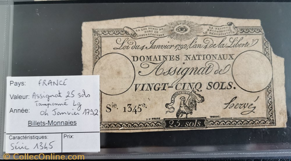 Assignat 25 sols série 1345 billet europe france assignat 25 sols serie 1345