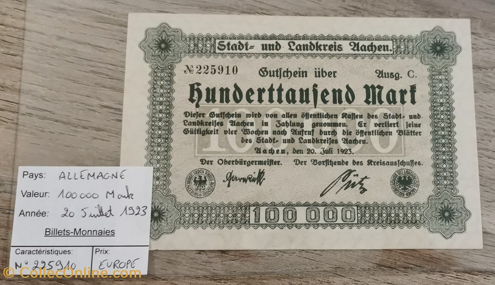 ALLEMAGNE - 100000 Mark billets europe allemagne 100000 mark