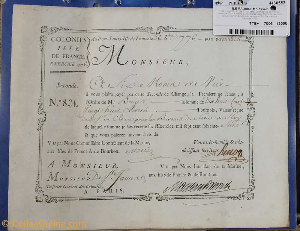 billets europe 1828 livres traite colonies isle de france 26 10 1796
