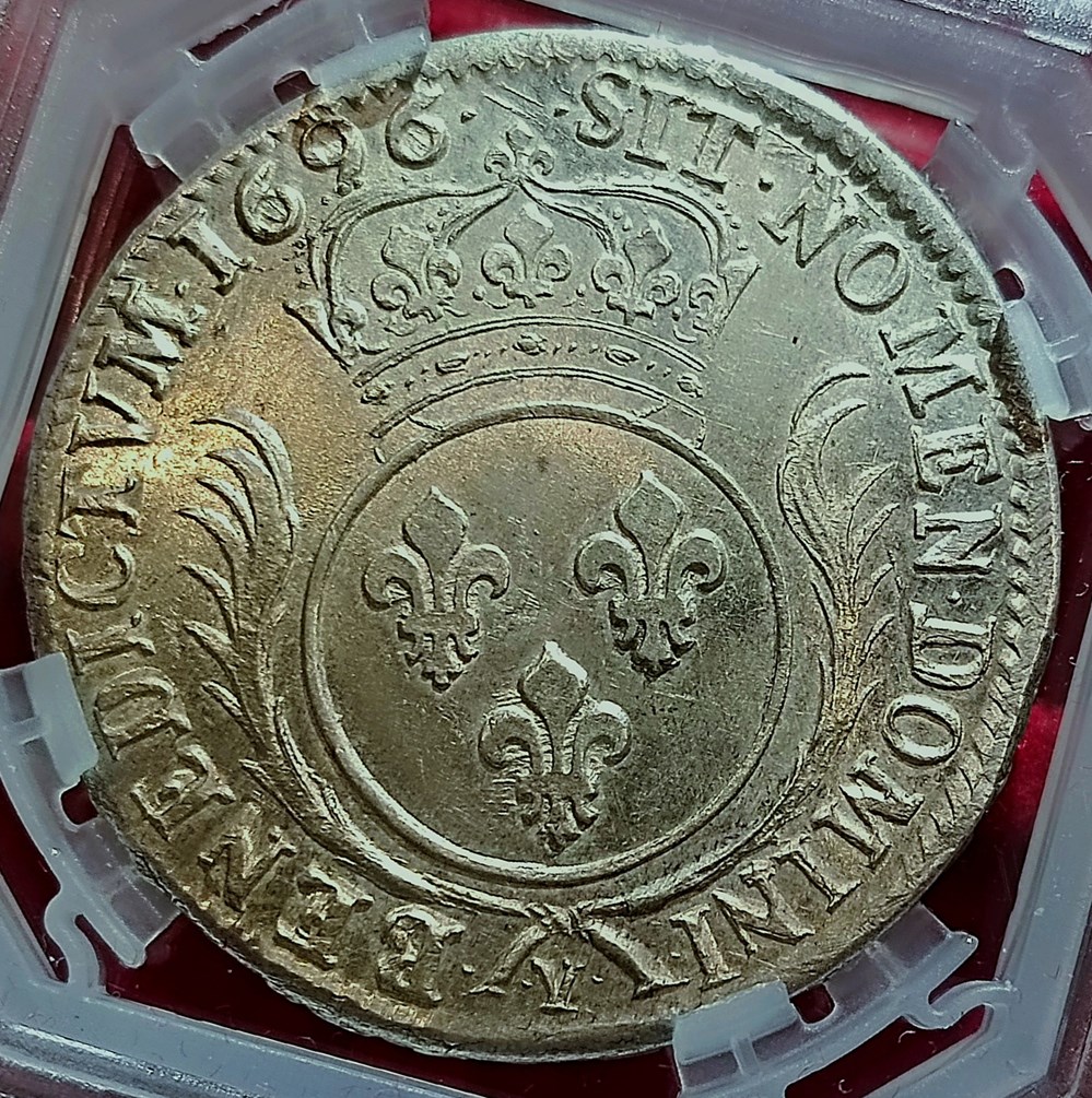 Écu 1696 Y flan neuf aux palmes MS62 (inédit) monnaies europe medievale france royales ecu 1696 y flan neuf aux palmes ms62 inedit
