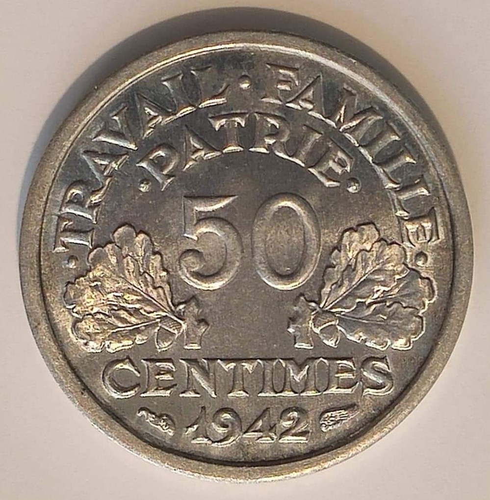 50 centimes 1942 première frappe aux croix dans les globules MS65 monnaies monde france 50 centimes 1942 premiere frappe aux croix dans les globules ms65