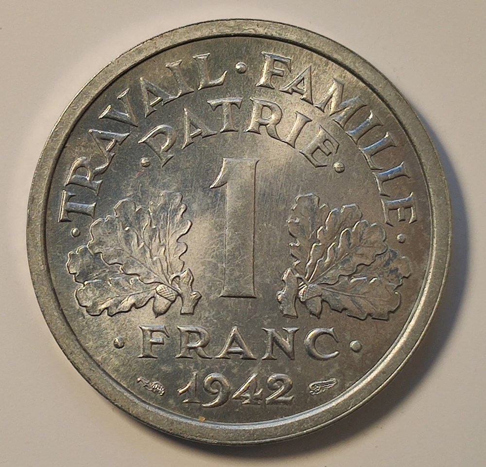 monnaies monde france 1 franc 1942 premiere frappe aux croix dans les globules sp64