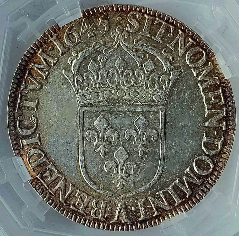 monnaies europe medievale france royales ecu 1645 a point a la meche courte 2 rubans au58