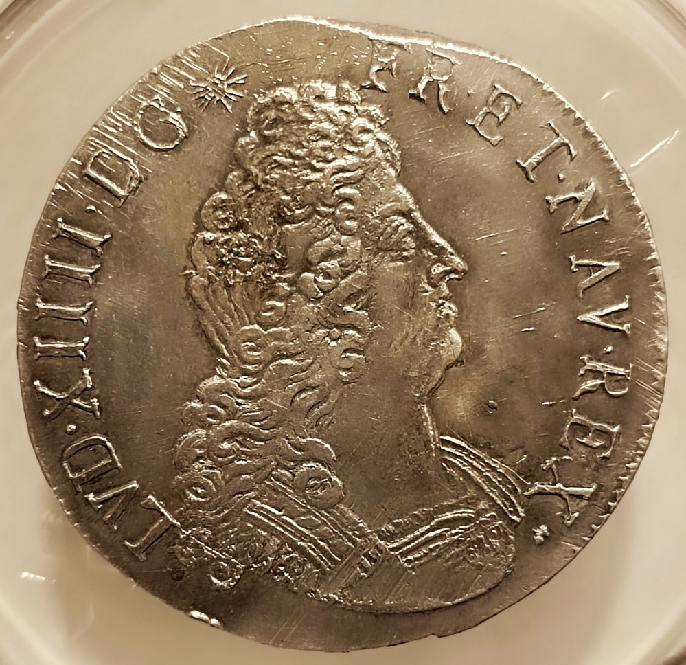 Écu 1708 H flan neuf aux 4 L deuxième type monnaies europe medievale france royales ecu 1708 h flan neuf aux 4 l deuxieme type