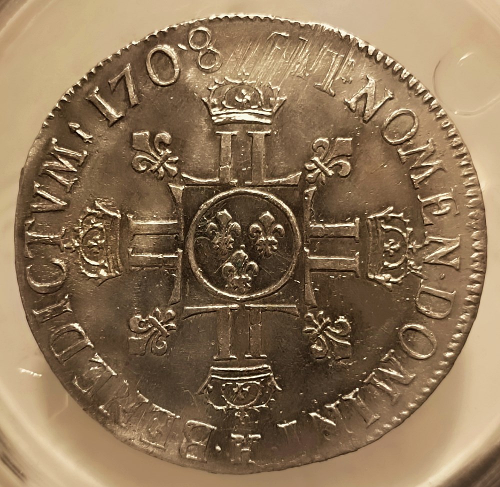 Écu 1708 H flan neuf aux 4 L deuxième type monnaies europe medievale france royales ecu 1708 h flan neuf aux 4 l deuxieme type