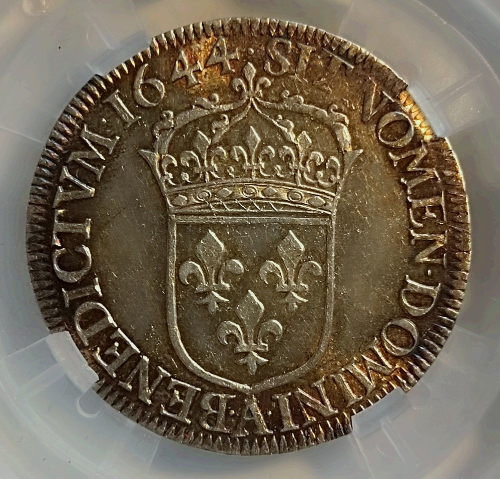 1/2 écu 1644 A point à la mèche courte MS62 monnaies europe medievale france royales 1 2 ecu 1644 a point a la meche courte ms62