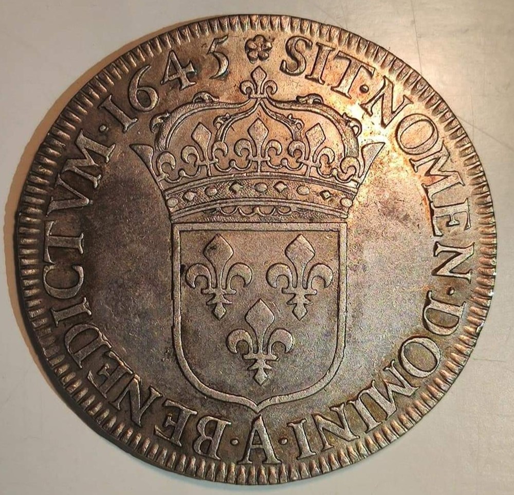 Écu 1645 A rose à la mèche courte (3 rubans) monnaies europe medievale france royales ecu 1645 a rose a la meche courte 3 rubans
