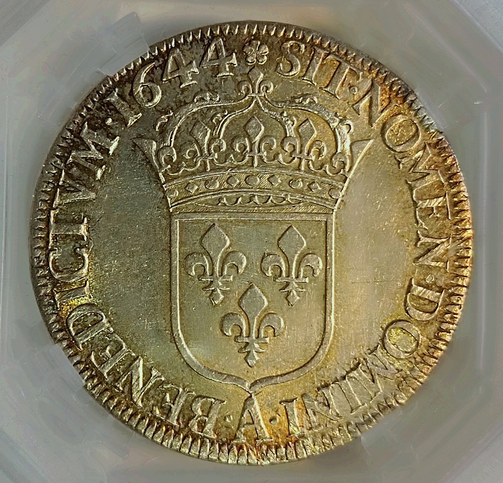Écu 1644 A rose à la mèche courte MS61 monnaies europe medievale france royales ecu 1644 a rose a la meche courte ms61