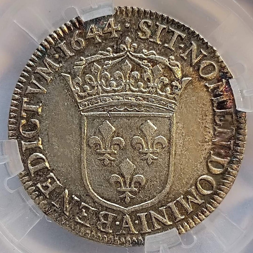 1/4écu 1644 A point à la mèche courte MS63 monnaies europe medievale france royales 1 4ecu 1644 a point a la meche courte ms63