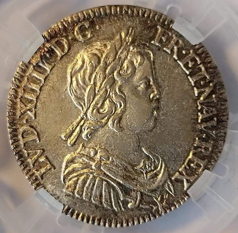 1/4écu 1644 A point à la mèche courte MS63 monnaies europe medievale france royales 1 4ecu 1644 a point a la meche courte ms63