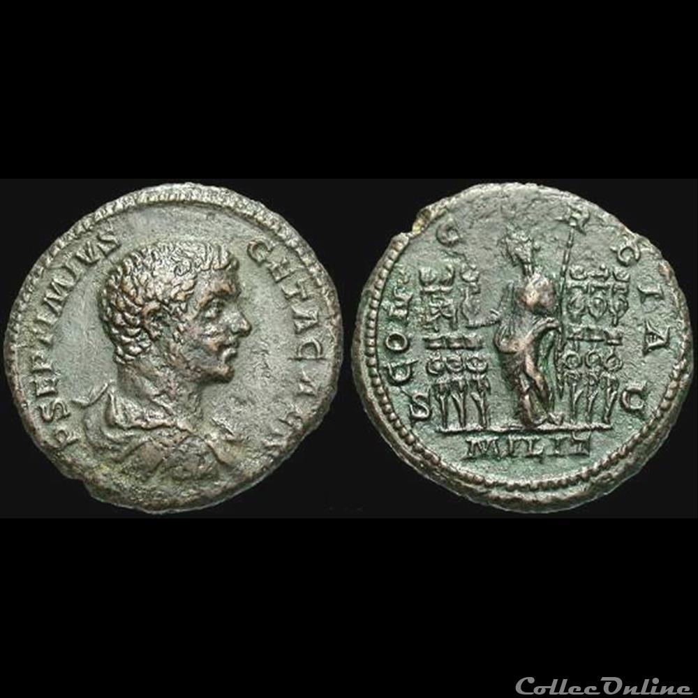 Geta, AE As: CONCORDIA MILIT S C (Concordia) coin ancient roman geta ae as concordia milit s c concordia