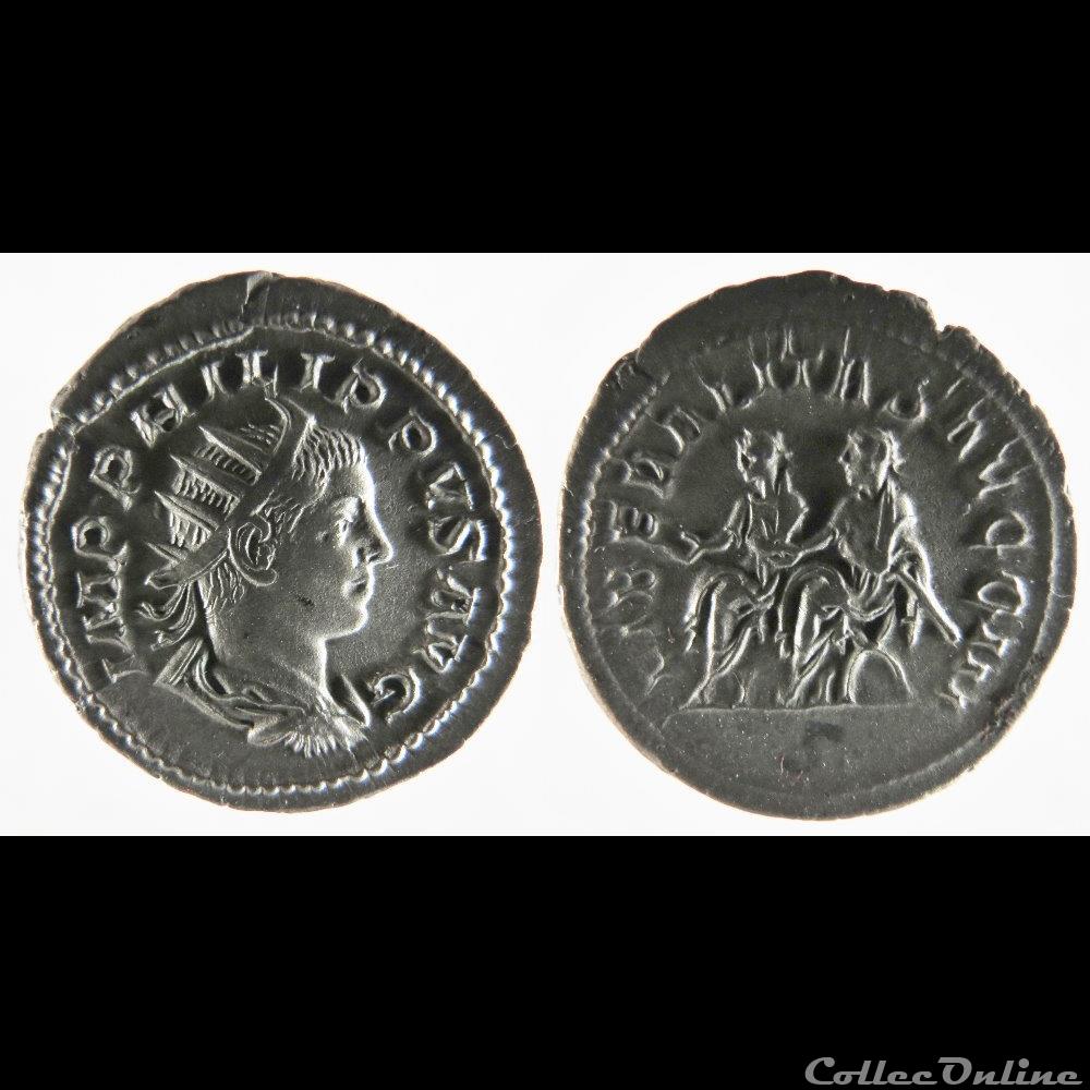 Philip II, AR Antoninianus: LIBERALITAS AVGG III (Philip I and II seated) coin ancient roman philip ii ar antoninianus liberalitas avgg iii philip i and ii seated