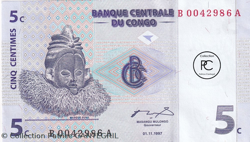 1997 Pick81a 5 c - Centime congolais Unc billets afrique republique du 1997 pick81a 5 c centime congolais unc