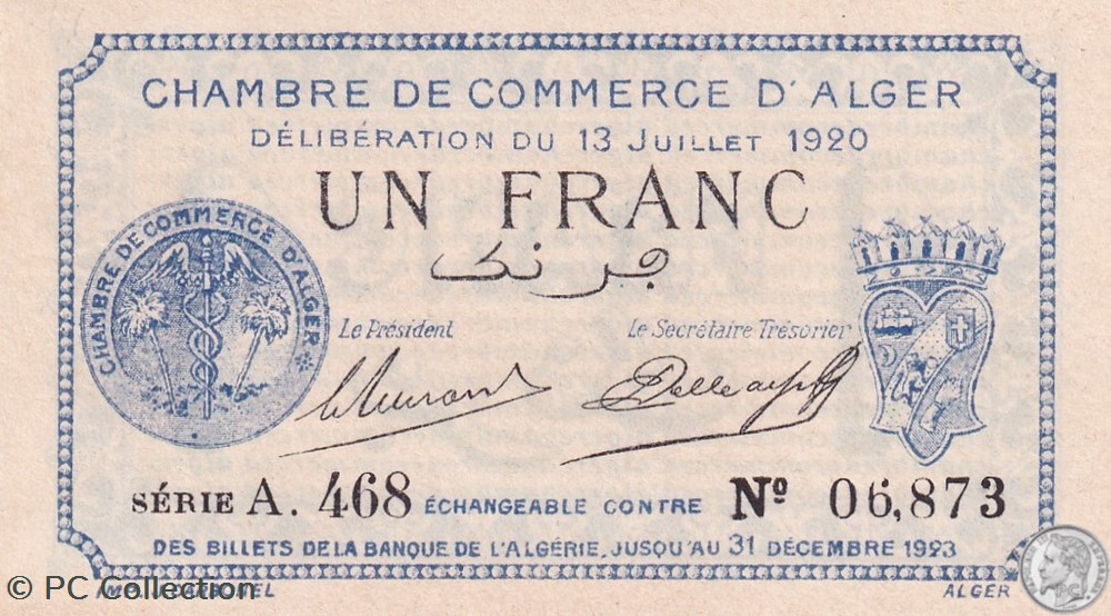 137-17-13/7/1920 Alger 1 Franc Cdc.(1) billets afrique algerie 137 17 13 7 1920 alger 1 franc cdc 1