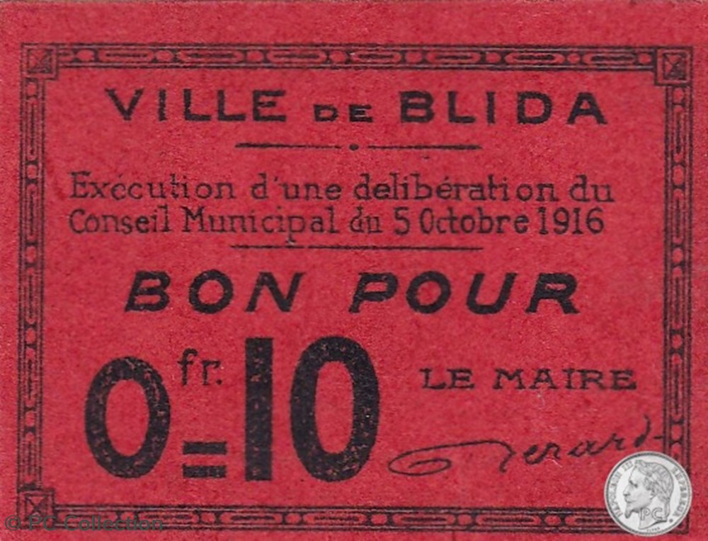 BLIDA 5 - 0,10 franc 1916 billets afrique algerie blida 5 0 10 franc 1916